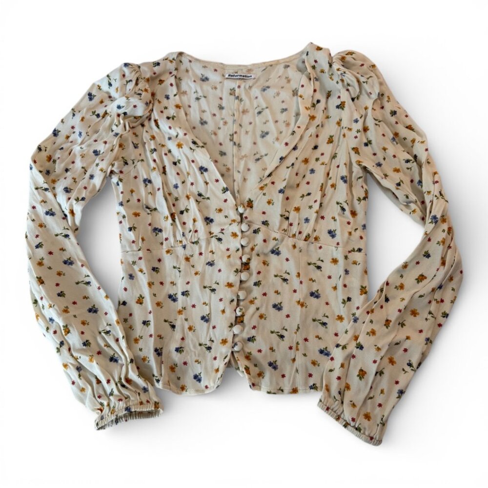 Reformation Nell Floral Print Blouse White Long Sleeve Tie Front Top Size Small - Picture 4 of 12